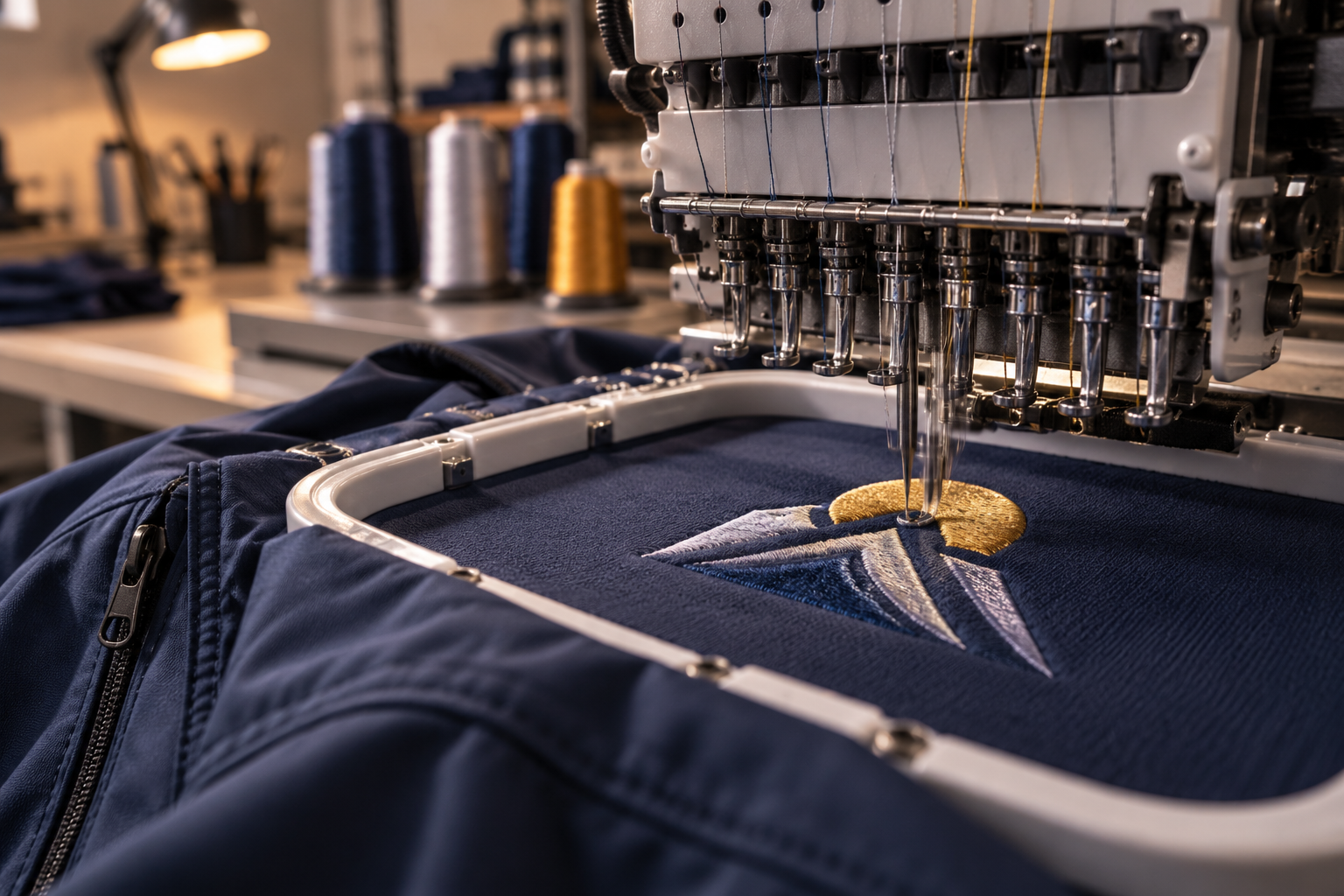 Máquina de bordado industrial trabajando sobre una chaqueta